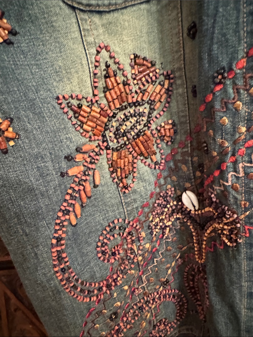 Chico's Vibtage Embellished & Embroidered Blue Denim Jacket with Wood and Shell - Picture 3 of 9